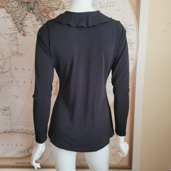 Veronica M vintage stretch black top with v-neck collar ruffle whimsigoth edgy M - Picture 2 of 10